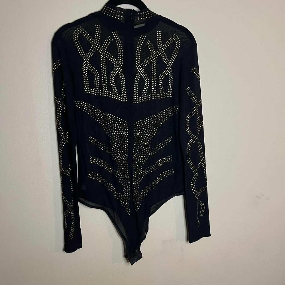 Long Sleeve Sequin Glitter Mock Turtle Neck Sheer Mesh Black And Gold Bodysuit